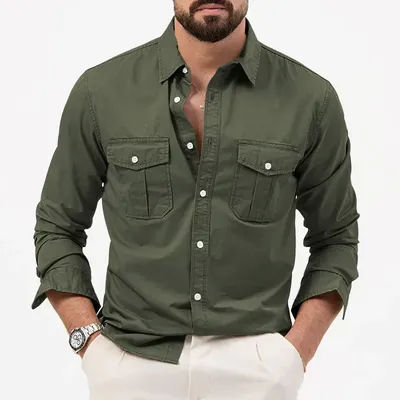 Chemise DulCargo à manches longues pour homme, vert armée, chemise décontractée avec deux poches sur la poitrine, tendance 2024