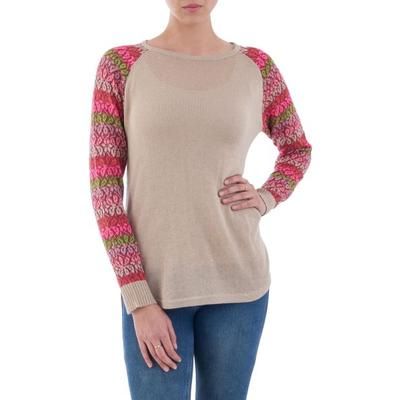 Garden Vine in Pale Beige,'Tunic Sweater in Pale Beige with Multi Color Floral Sleeves'