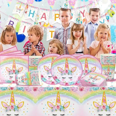 Unicorn Disposable Tableware Set Happy Rainbow Unicorn One Birthday Party Decorations Kids Favors Gift Girl Baby Shower Supplies