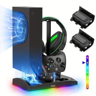 TEMU Charging & Cooling Fan Stand For Series S, Dual Controller Charger Station & Cooler System With 15 Led Light Modes, Headset Hook, Usb C Cable, Accessories For Xss With 2x1400mah Batteries