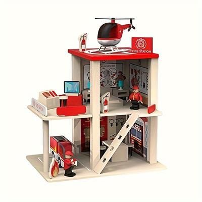 TEMU Wooden Fire Station Playset, Multicolor 3-level Pretend Play Dollhouse With Figures, Truck, Helicopter And Accessories, Preschool Learning Educational Toys For Christmas, Gift