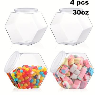 TEMU 4pcs 30oz Hexagon Plastic Candy Jars With - Transparent, Polished For Halloween, Christmas, Easter, Thanksgiving - Food-safe Containers For Candy, Snacks & Gifts Display