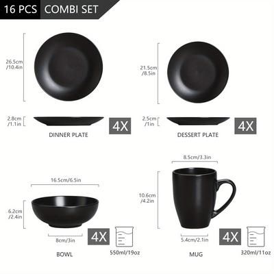 TEMU 16pcs Pottery Dinner Set Black Stoneware Tableware Set With Dinner Plate, Dessert Plate, Bowls, Cup For 4 Person