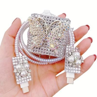 TEMU Shiny Diamond Charger Cable Protector Set/5pcs/data Cable Protector With Storage /for Fast Charger/compatible With Iphone 11/12/13/14 Series