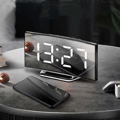 Horloge miroir LED incurvée intelligente, gradation automatique, Mode nuit, affichage de la température et de l'humidité, commande tactile, chargeur USB pour décoration de chambre à coucher