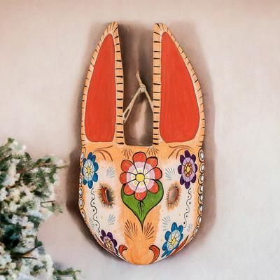Floral Hops,'Hand-Painted Floral Orange and White Bunny Pinewood Mask'