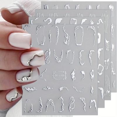 TEMU 16 Sheets Silvery Nail Stickers, Striped Irregular Shape, Matte , Embroidered Embellishment, Self-adhesive Plastic Nail Decals For Nail Art Decoration, Single Use Unscented Nail Design Supplies