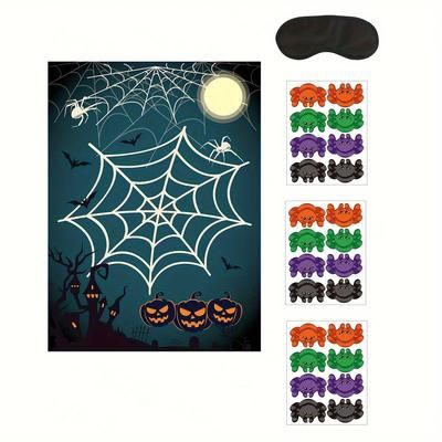 TEMU Festive Party Pin Game: Spider On The Web - Perfect For School, Classroom, Family Activities - Includes 1 Blindfold, 3x3 Spider Stickers, And 10 Dot Glue - Suitable For Ages 14+ - No Power Required