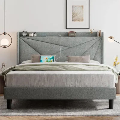 Queen Bed Frame, Type-C & USB Ports, Upholstered Platform Bed Frame with Wingback Storage Headboard,