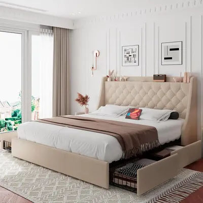 Queen Bed Frame with 4 Storage Drawers, Upholstered Platform Bed Frame with Type-C & USB Ports,