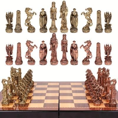 TEMU Vintage Figurine Metal Chess Set For Adults Wooden Chess Board With Metal Chess Pieces Travel Chess Set With Metal Collectible Elegant Chess Game Family Vintage Board Game