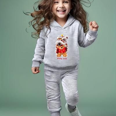 TEMU 2pcs Cartoon New Year Bear Print Pullover + Pants Set Kids Clothes Girls Christmas Gift Spring Fall