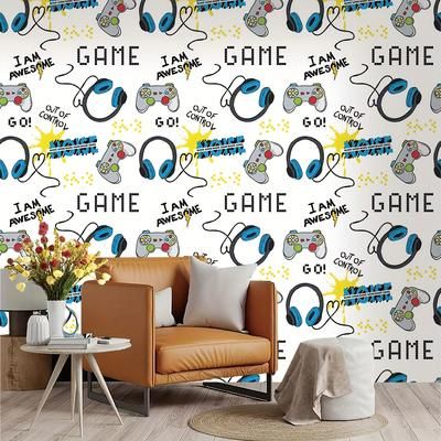 TEMU Game Controller Wallpaper - 17.7"x118" Vinyl, Cartoon Style For Boys' Rooms, Game Rooms, And Home Decor - & Remove