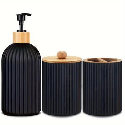 TEMU 3pcs Refillable Bathroom Dispenser Set, Plastic,, Freestanding, Manual Pump Lotion Dispenser, Swab Holder, Toothbrush Organizer, With No Electricity Needed