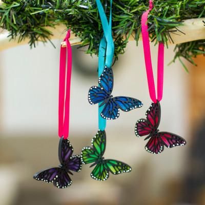 'Set of 4 Hand-Painted Colorful Wood Butterfly Ornaments'