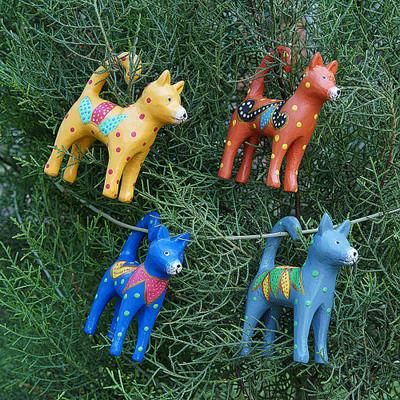 'Set of 4 Hand-Painted Wooden Dog-Themed Christmas Ornaments'