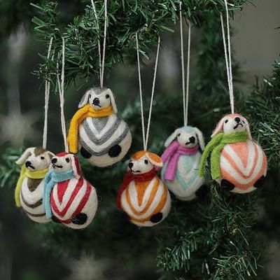 'Dog-Themed Set of 6 Wool Felt Bauble Ornaments Made in India'
