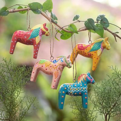 Dala Cheer,'Set of 4 Artisan-Painted Christmas Horse Ornaments'