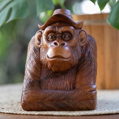 Pensive Orangutan,'Hand-Carved Balinese Suar Wood Orangutan Sculpture'