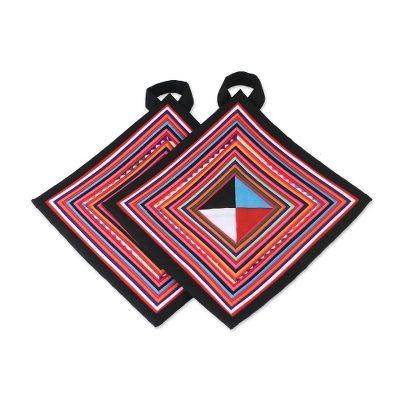 Lahu Cooking in Black,'Pair of Handmade Cotton Blend Trivets from Thailand'