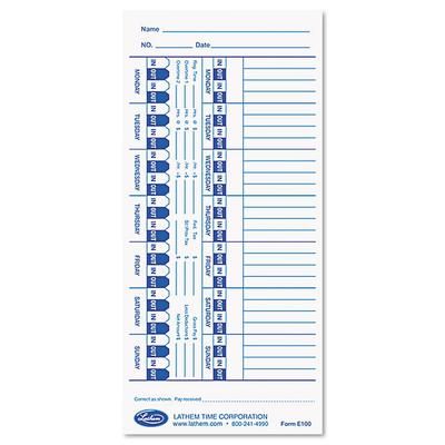 Lathem Time E100 Time Card for Lathem Models 900E/1000E/1500E/5000E, White, 100/Pack - Pack of 100 LTHE100