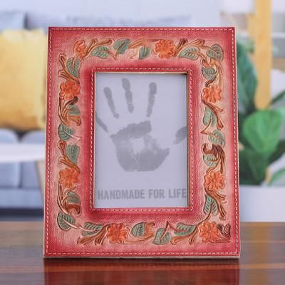 Blossoming Warmth,'Floral and Leafy Embossed Leather Photo Frame in Warm Hues'