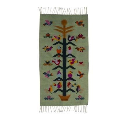 Verdant Staff of Life,'Artisan Crafted Green Wool Area Rug with Birds (2x3.5)'