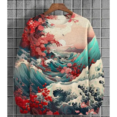 3D Print Ukiyoe Sea Wave Hoodie For Men Vintage Plant Graphic Pullover Autumn Long Sleeve Oversized Sweatshirt O-Neck Hoodies