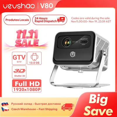 VEVSHAO V80 4K Projector Full HD1080P 2200 Anis Lumens Android 11.0 WiFi 6 Video Home Movie Theater Projectors with Base Stand