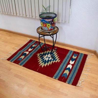 'Artisan-Made Zapotec-Themed Russet and Blue Wool Rug (2.5x4)'
