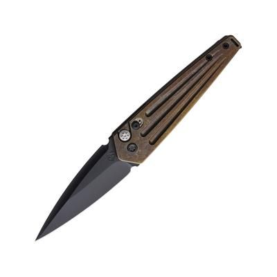 Medford Auto Nosferatu Button Lock S35 Automatic Folding Knife 3.5in S35VN Black DLC Coated Blade Bronze PVD Coated Titanium Handle MKNAPQ-36A1-TPCP