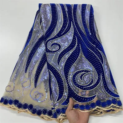 Tissu de dentelle de velours africain brodé NigWin avec paillettes, couture de tissu, plus récent, haute qualité, 5 Yard, 2024, Count3336
