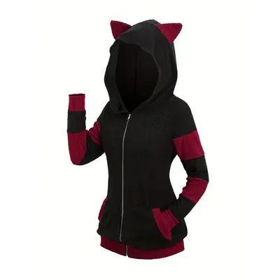 Pull à capuche avec oreilles de chat épaisses pour femmes, mode européenne et américaine, long manteau de couleur assortie, nouvelle collection automne et hiver 2024