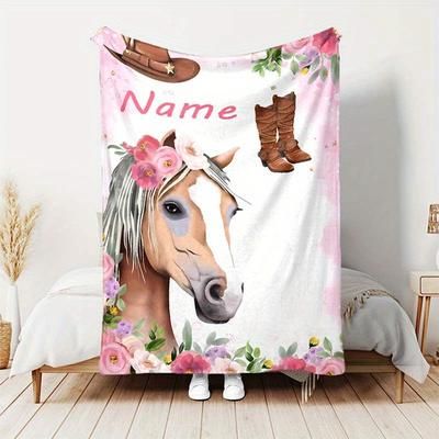 TEMU Customized Horse And Floral Personalized Name Throw Blanket - Plush Flannel, Digital Print, All-season Comfort, Soft Polyester, Animal Theme, Ideal For Napping, Camping, Travel