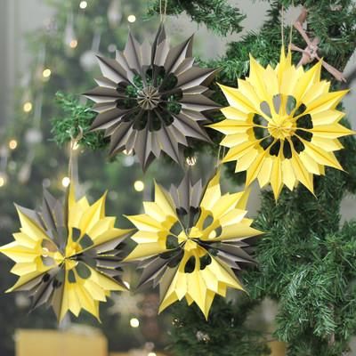 Solar Blossoms,'Classic Set of 4 Glittering Black and Yellow Paper Ornaments'