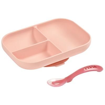 BEABA Silicone Divided Suction Plate And Spoon Set - Rose
