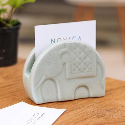 Dapper Elephant,'Celadon Ceramic Elephant Card Holder in a Crackled Finish'