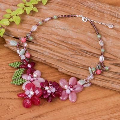 'Artisan-Made Floral Pink Quartz and Glass Beaded Necklace'