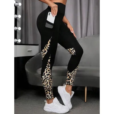 Pocket Yoga Pants Women Leopard Patchwork High Waist Elastic Leggings Fitness Jogging Cycling Sportswear Female Skinny Trousers