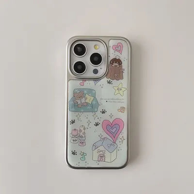 Cartoon INS Electroplated Frame Bear & House Shockproof Phone Case for iPhone 16 15 14 13 Pro Max