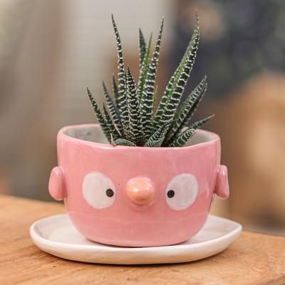 'Pink Bird-Shaped Ceramic Mini Flower Pot and Saucer (Small)'