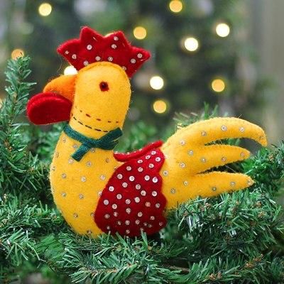 'Whimsical Rooster-Themed Wool Felt Tree Topper from India'