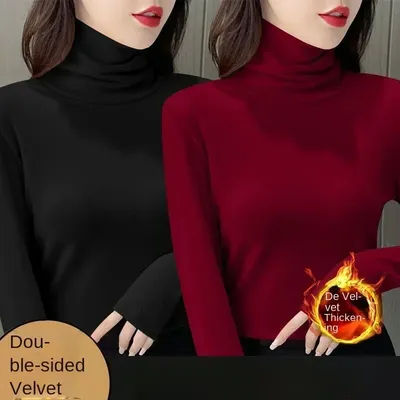 Sous-vêtements thermiques pour femmes, chemise épaisse à col roulé, haut chaud en velours, col Semi-haut, pulls à manches longues, hiver