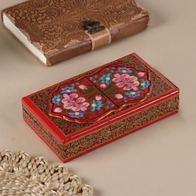 'Red Hand-Painted Papier Mache Wood Floral Decorative Box'