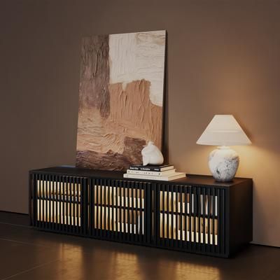 59" Mid-Century Modern Wood Slatted TV Stand with LED lights, LED TV Stand, Black TV Console, Minimalist Entertainment Center, Perfect for 45-inch TVs