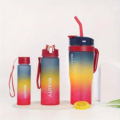 TEMU Three-piece Ice Tumbler, Gradient Color Frosted Straw, Double Drinking Plastic Water Cup, 300ml/800ml/1200ml (10oz/27oz/40oz), Large Capacity Car Handle Car Cup