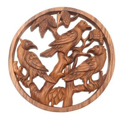 Bird Habitat,'Hand-Carved Suar Wood Wall Panel Bird Motif'