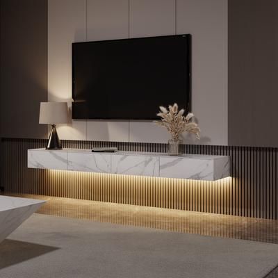 86.61"Modern Matte Sintered Stone Floating TV Stand with LED Lights,White Wall-Mounted TV Console with Drawers with Adjustable Light
