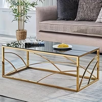 TEMU A Modern And Stylish Center Dining Table And Coffee Table And Gray Tempered Glass, With A Stainless Steel Rectangular Shape In , Measuring 120cm.