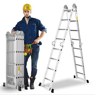TEMU 4.7m/15.4ft Aluminium Folding Extendable Ladder+1xtool Tray, 14-in-1 Telescopic Ladder 4x4 Rungs For Christmas, Halloween Decorations